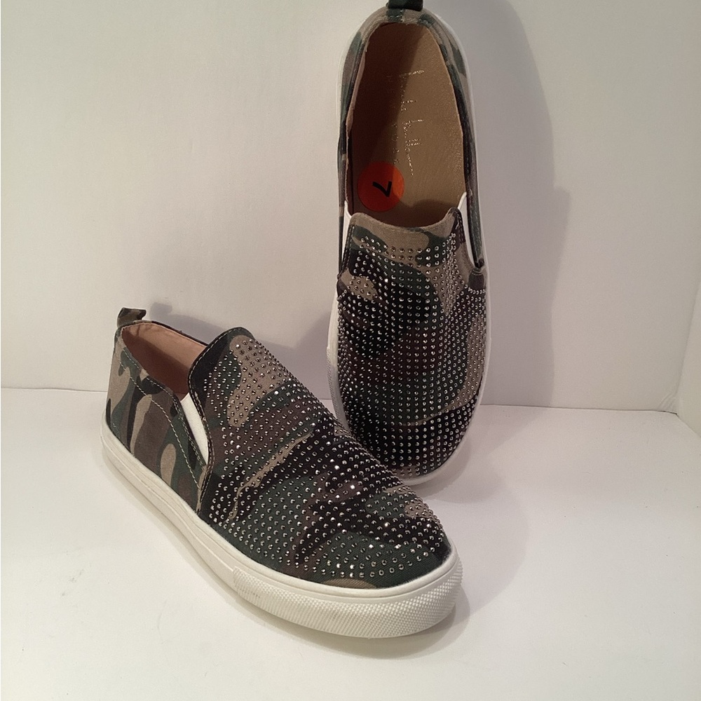 Nicole Miller Camouflage Slip-On Sneakers with Stud Detailing - Black/Green  A16